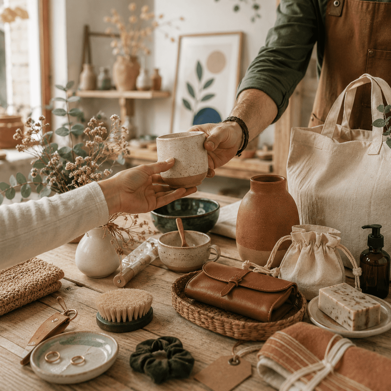 Un artisan remettant une création faite main à un client